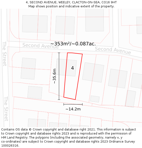 4, SECOND AVENUE, WEELEY, CLACTON-ON-SEA, CO16 9HT: Plot and title map