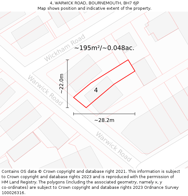 4, WARWICK ROAD, BOURNEMOUTH, BH7 6JP: Plot and title map