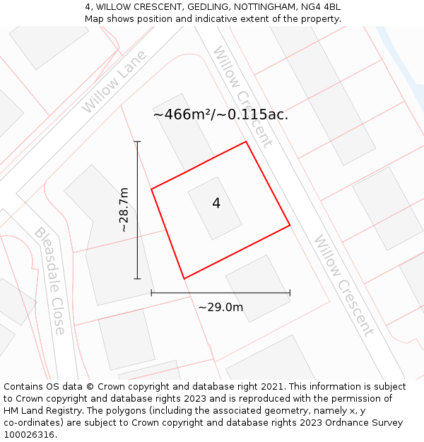 4, WILLOW CRESCENT, GEDLING, NOTTINGHAM, NG4 4BL: Plot and title map