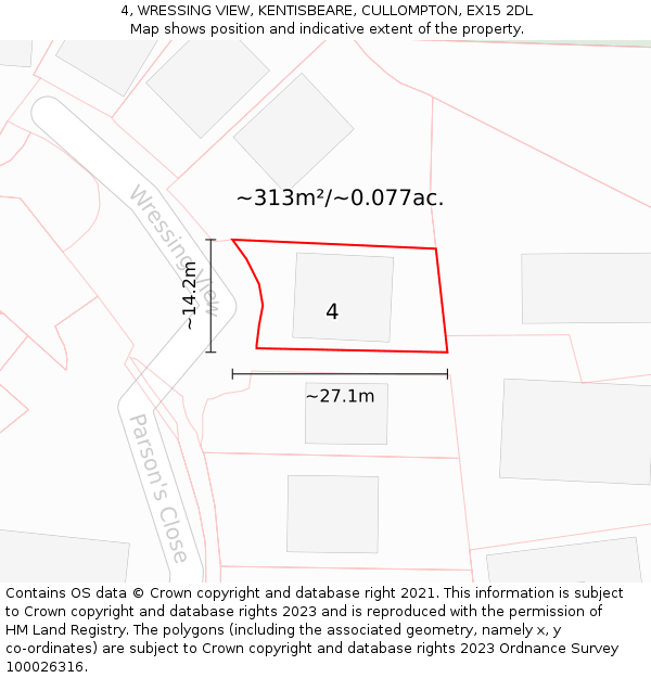 4, WRESSING VIEW, KENTISBEARE, CULLOMPTON, EX15 2DL: Plot and title map