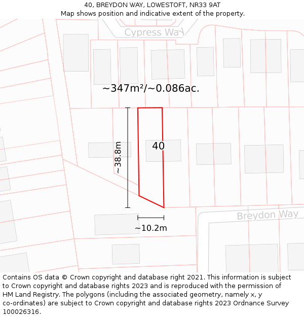 40, BREYDON WAY, LOWESTOFT, NR33 9AT: Plot and title map