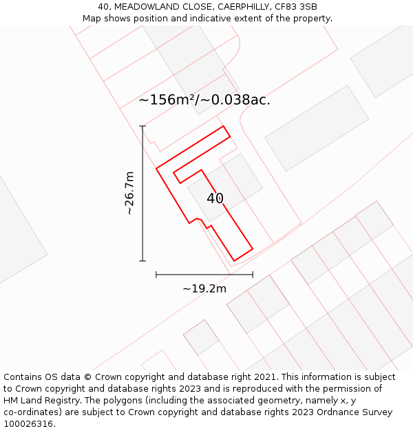 40, MEADOWLAND CLOSE, CAERPHILLY, CF83 3SB: Plot and title map