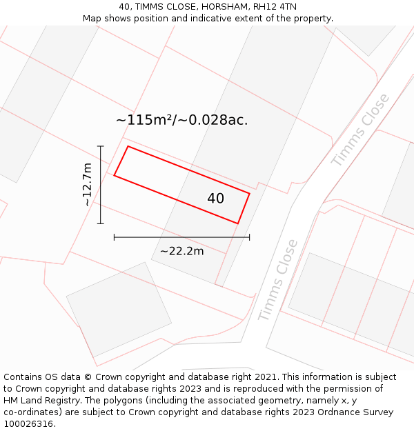 40, TIMMS CLOSE, HORSHAM, RH12 4TN: Plot and title map