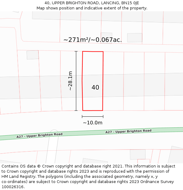 40, UPPER BRIGHTON ROAD, LANCING, BN15 0JE: Plot and title map