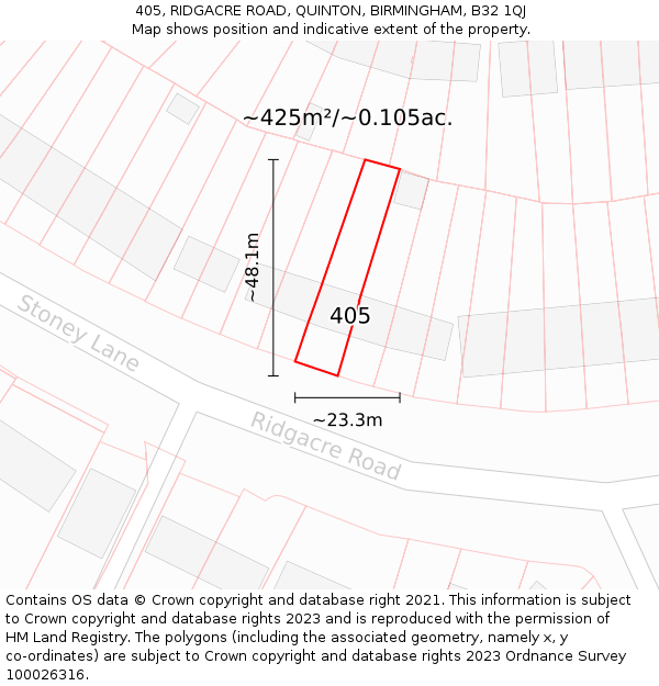 405, RIDGACRE ROAD, QUINTON, BIRMINGHAM, B32 1QJ: Plot and title map