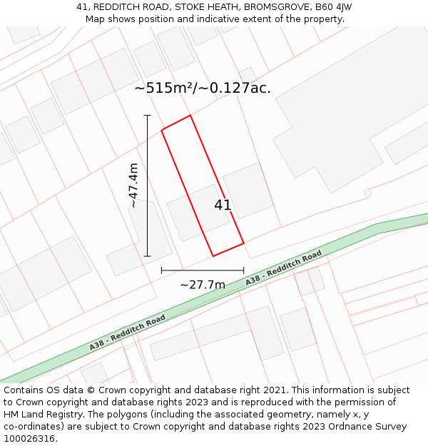 41, REDDITCH ROAD, STOKE HEATH, BROMSGROVE, B60 4JW: Plot and title map