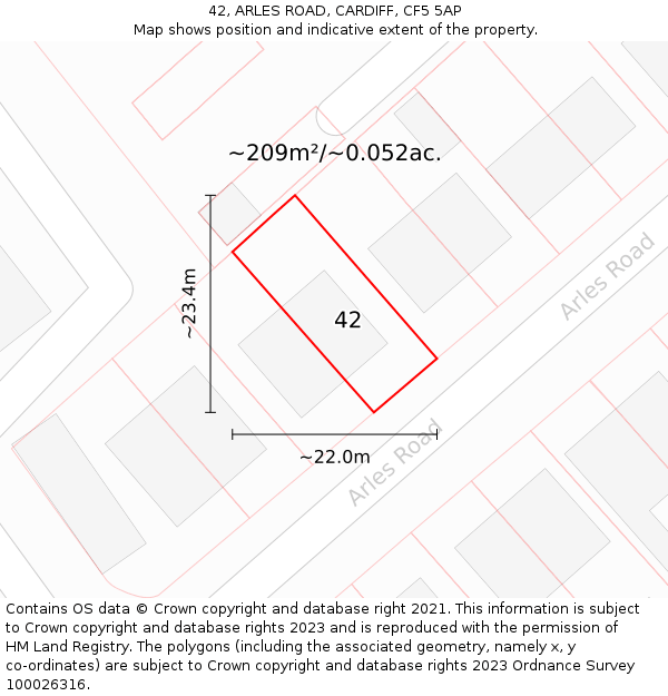 42, ARLES ROAD, CARDIFF, CF5 5AP: Plot and title map