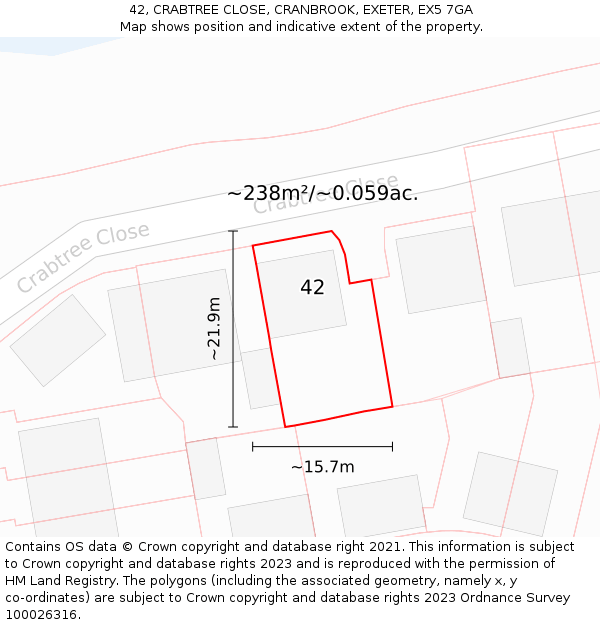 42, CRABTREE CLOSE, CRANBROOK, EXETER, EX5 7GA: Plot and title map