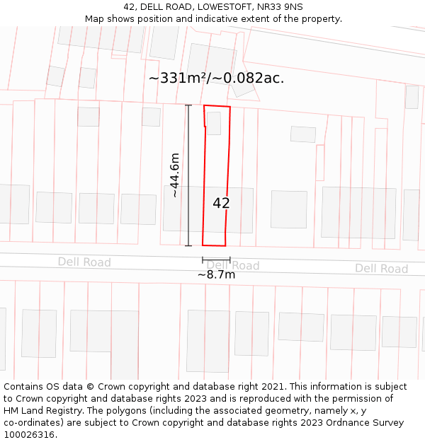 42, DELL ROAD, LOWESTOFT, NR33 9NS: Plot and title map