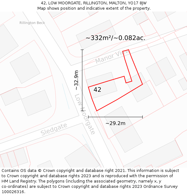 42, LOW MOORGATE, RILLINGTON, MALTON, YO17 8JW: Plot and title map