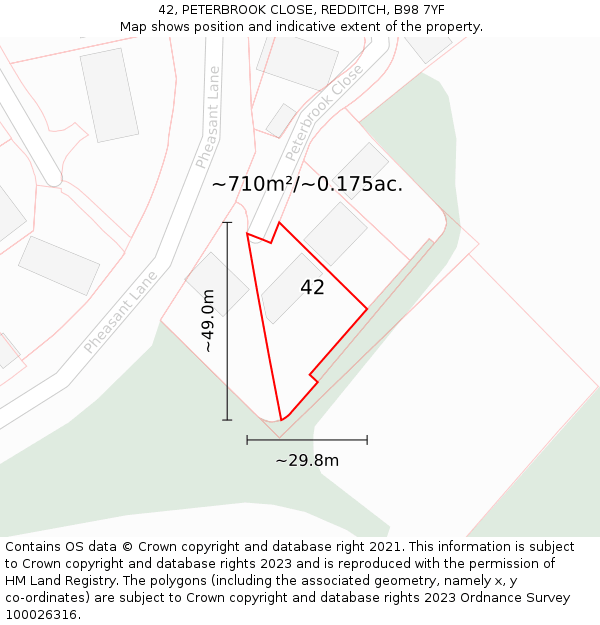 42, PETERBROOK CLOSE, REDDITCH, B98 7YF: Plot and title map