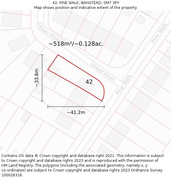 42, PINE WALK, BANSTEAD, SM7 3PY: Plot and title map