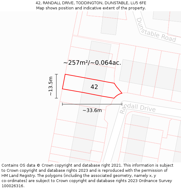 42, RANDALL DRIVE, TODDINGTON, DUNSTABLE, LU5 6FE: Plot and title map