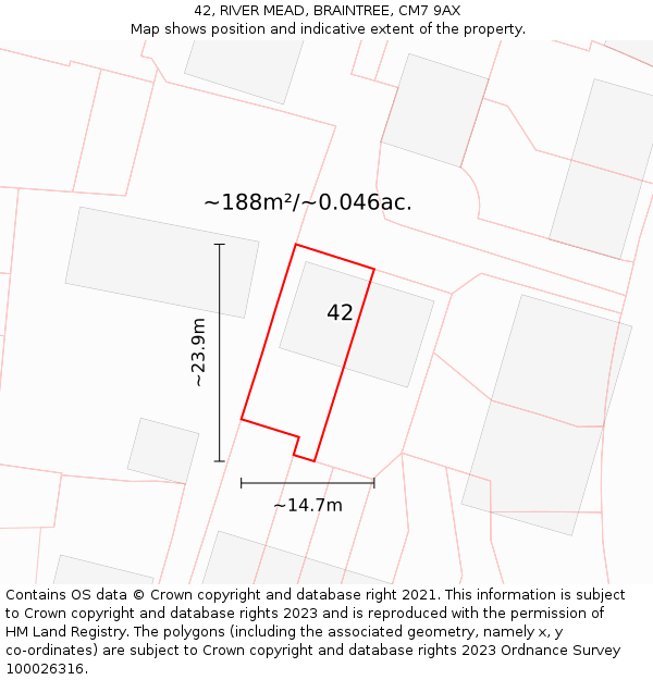 42, RIVER MEAD, BRAINTREE, CM7 9AX: Plot and title map