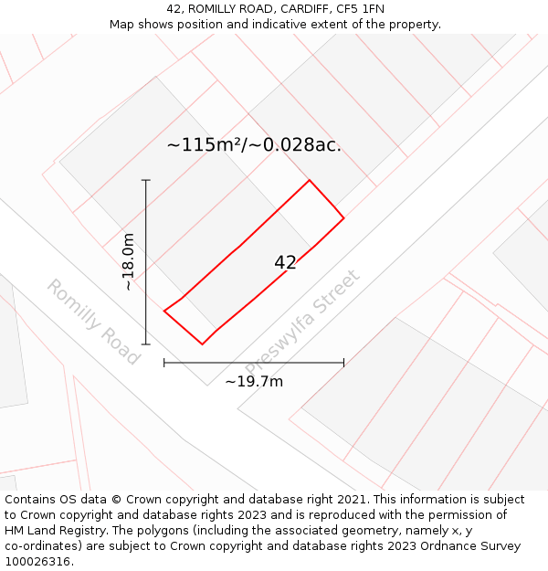 42, ROMILLY ROAD, CARDIFF, CF5 1FN: Plot and title map