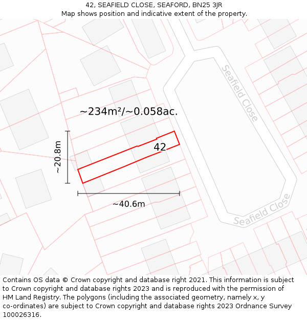42, SEAFIELD CLOSE, SEAFORD, BN25 3JR: Plot and title map
