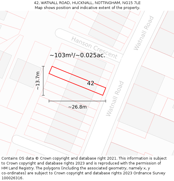 42, WATNALL ROAD, HUCKNALL, NOTTINGHAM, NG15 7LE: Plot and title map