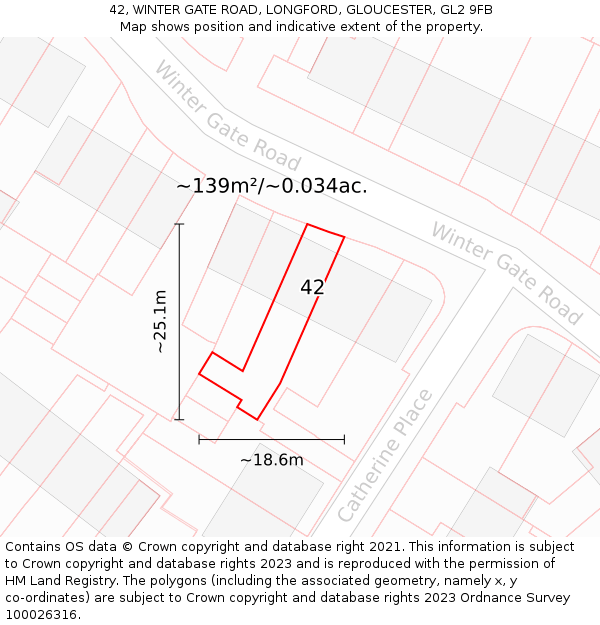 42, WINTER GATE ROAD, LONGFORD, GLOUCESTER, GL2 9FB: Plot and title map