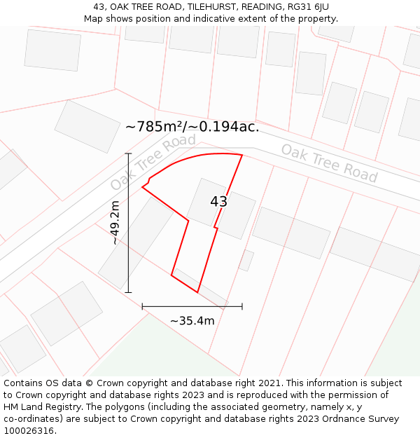 43, OAK TREE ROAD, TILEHURST, READING, RG31 6JU: Plot and title map