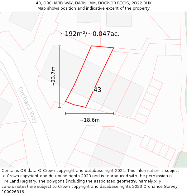 43, ORCHARD WAY, BARNHAM, BOGNOR REGIS, PO22 0HX: Plot and title map