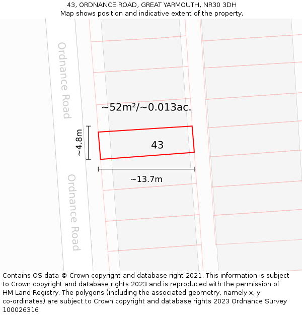 43, ORDNANCE ROAD, GREAT YARMOUTH, NR30 3DH: Plot and title map