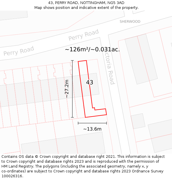 43, PERRY ROAD, NOTTINGHAM, NG5 3AD: Plot and title map