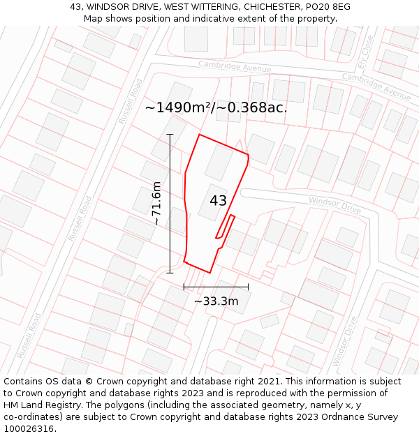 43, WINDSOR DRIVE, WEST WITTERING, CHICHESTER, PO20 8EG: Plot and title map