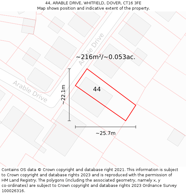 44, ARABLE DRIVE, WHITFIELD, DOVER, CT16 3FE: Plot and title map
