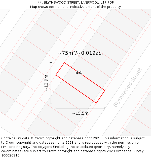 44, BLYTHSWOOD STREET, LIVERPOOL, L17 7DF: Plot and title map
