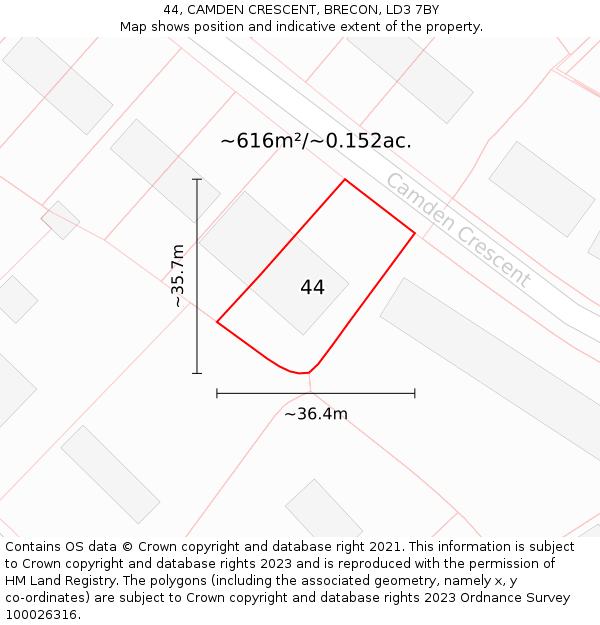 44, CAMDEN CRESCENT, BRECON, LD3 7BY: Plot and title map