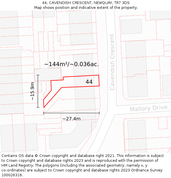 44, CAVENDISH CRESCENT, NEWQUAY, TR7 3DS: Plot and title map