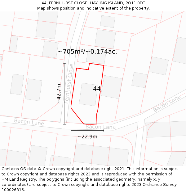 44, FERNHURST CLOSE, HAYLING ISLAND, PO11 0DT: Plot and title map