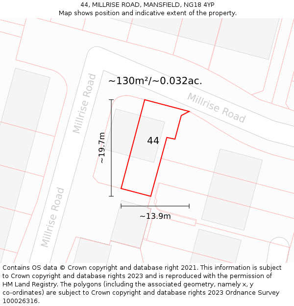 44, MILLRISE ROAD, MANSFIELD, NG18 4YP: Plot and title map