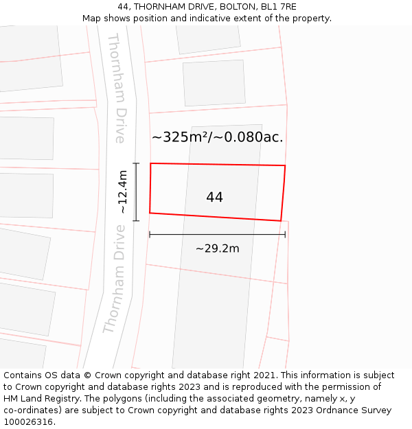 44, THORNHAM DRIVE, BOLTON, BL1 7RE: Plot and title map