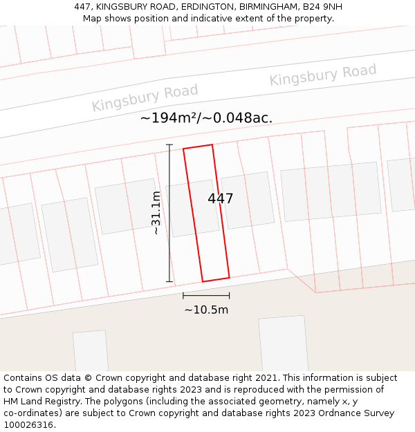 447, KINGSBURY ROAD, ERDINGTON, BIRMINGHAM, B24 9NH: Plot and title map