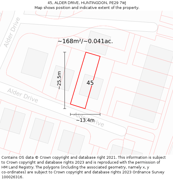 45, ALDER DRIVE, HUNTINGDON, PE29 7WJ: Plot and title map