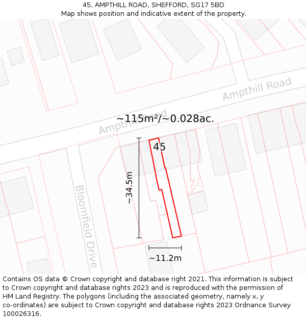 45, AMPTHILL ROAD, SHEFFORD, SG17 5BD: Plot and title map