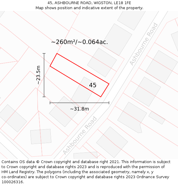 45, ASHBOURNE ROAD, WIGSTON, LE18 1FE: Plot and title map