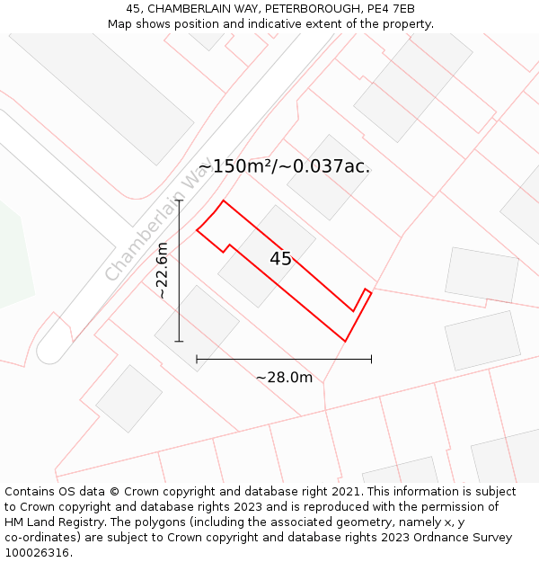 45, CHAMBERLAIN WAY, PETERBOROUGH, PE4 7EB: Plot and title map