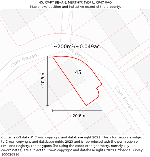 45, CWRT BEVAN, MERTHYR TYDFIL, CF47 0AQ: Plot and title map