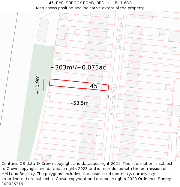 45, EARLSBROOK ROAD, REDHILL, RH1 6DR: Plot and title map