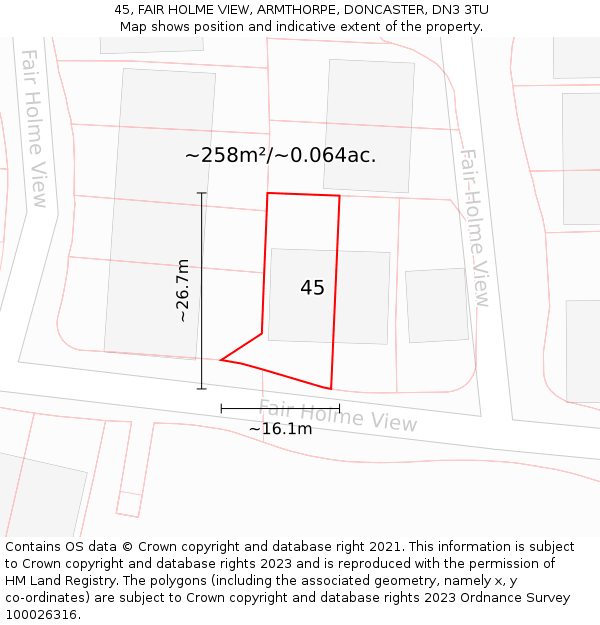 45, FAIR HOLME VIEW, ARMTHORPE, DONCASTER, DN3 3TU: Plot and title map