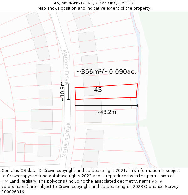45, MARIANS DRIVE, ORMSKIRK, L39 1LG: Plot and title map