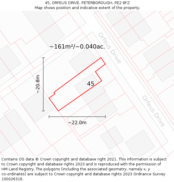 45, ORFEUS DRIVE, PETERBOROUGH, PE2 8FZ: Plot and title map