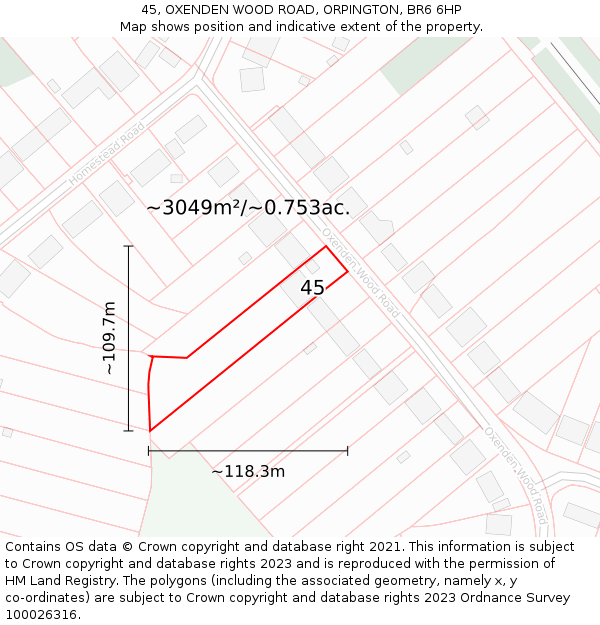 45, OXENDEN WOOD ROAD, ORPINGTON, BR6 6HP: Plot and title map