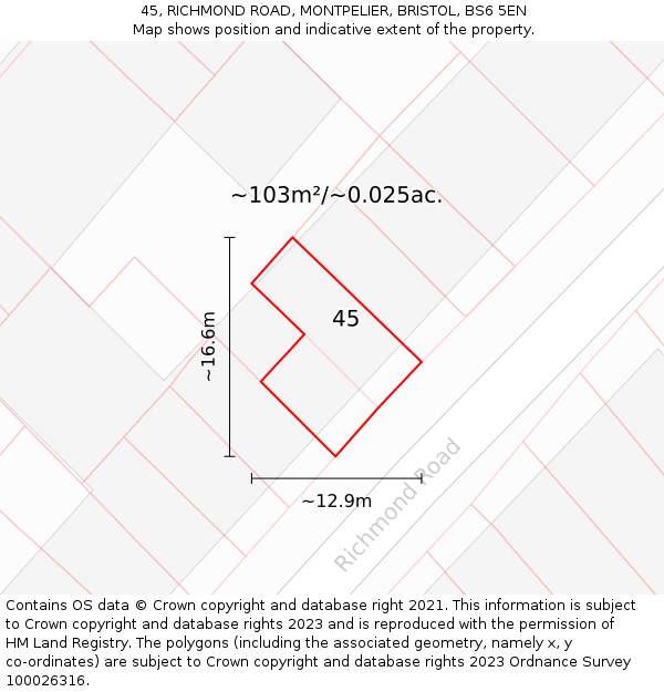 45, RICHMOND ROAD, MONTPELIER, BRISTOL, BS6 5EN: Plot and title map