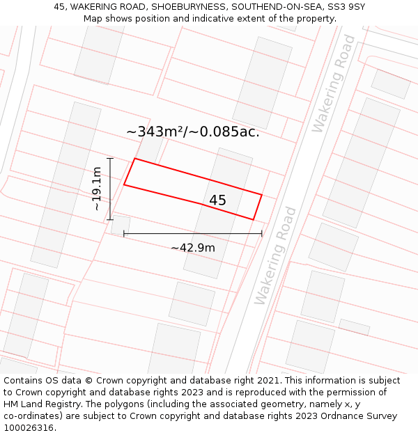 45, WAKERING ROAD, SHOEBURYNESS, SOUTHEND-ON-SEA, SS3 9SY: Plot and title map