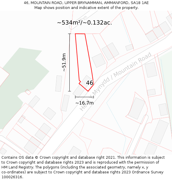 46, MOUNTAIN ROAD, UPPER BRYNAMMAN, AMMANFORD, SA18 1AE: Plot and title map