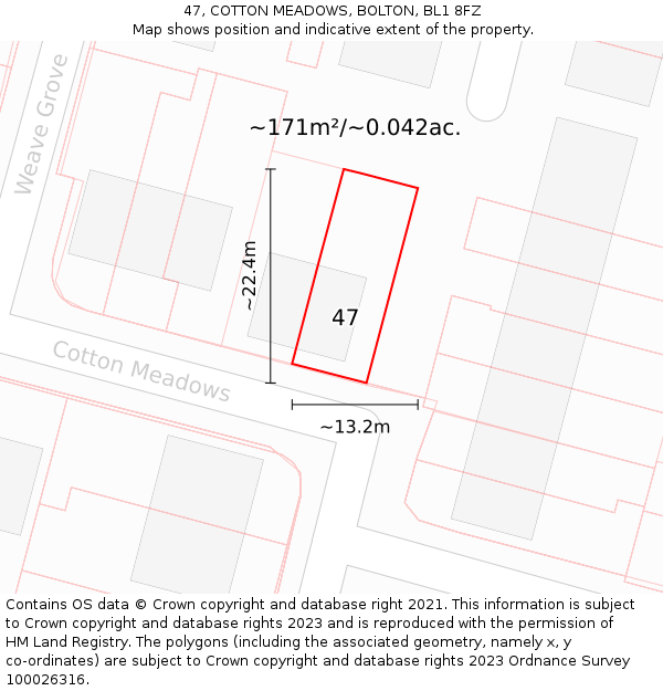 47, COTTON MEADOWS, BOLTON, BL1 8FZ: Plot and title map