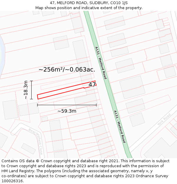 47, MELFORD ROAD, SUDBURY, CO10 1JS: Plot and title map